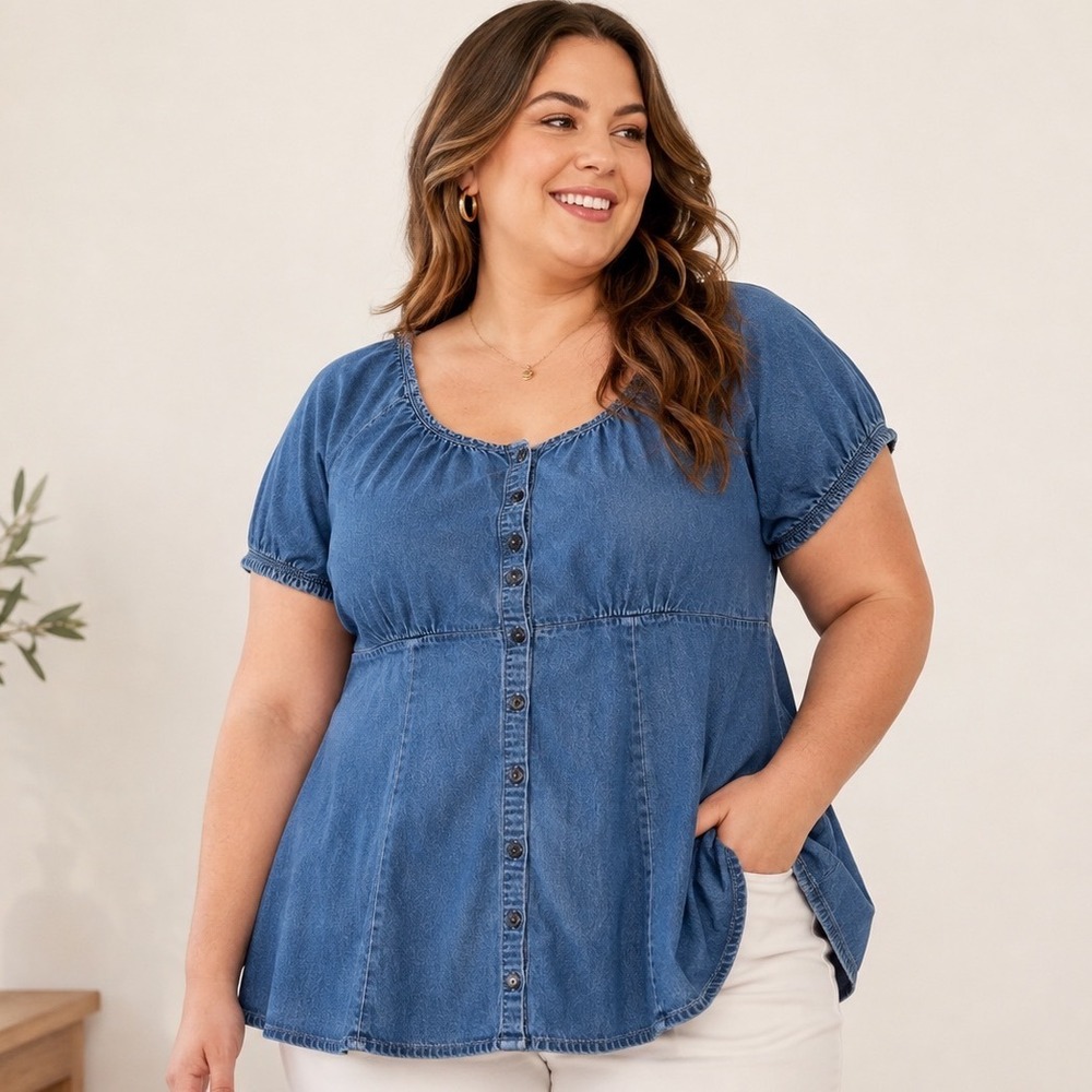 Faded Glory Denim Babydoll Top Blue Chambray Button Front Puff Sleeve 2X 18W 20W